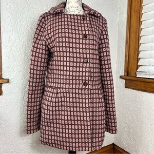 Y2K COFFEE SHOP Pink And Brown Checked Wool Blend Fully Lined Peacoat Size L